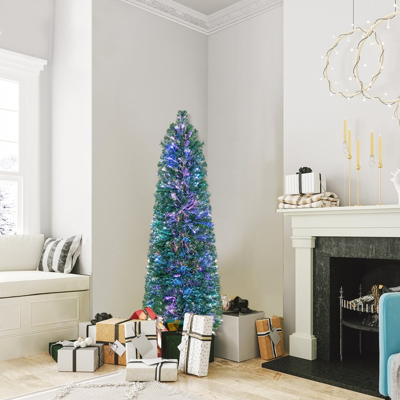 5 Ft Fiber Optic Artificial Christmas Tree Slim Pencil Xmas Tree W/ Colorful Lights And 361 Branch Tips